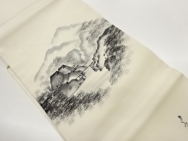 作家物　塩瀬手描き屋敷に木々・遠山模様名古屋帯